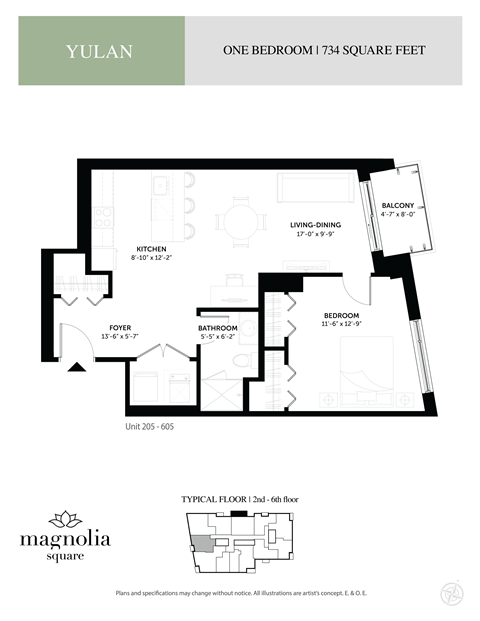 Floor plan for 1 bed, 1 bath, 734 sqft